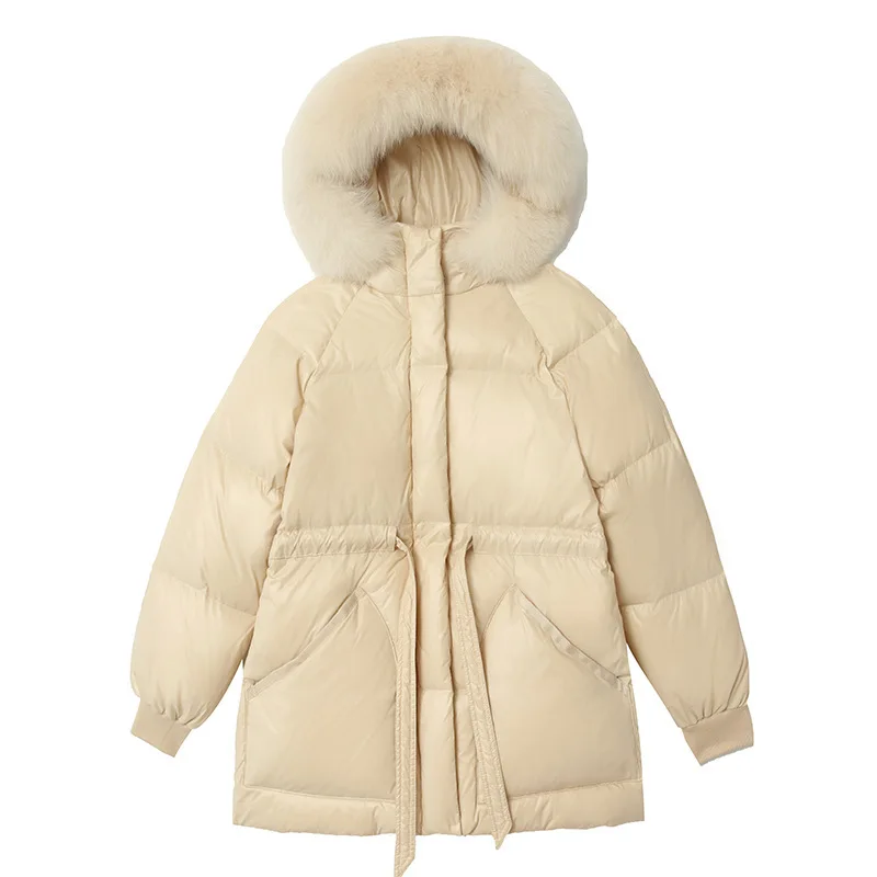 2025 Winter New Women's Down Jacket Loose Commuting White Duck Down Hooded Strap Jacket