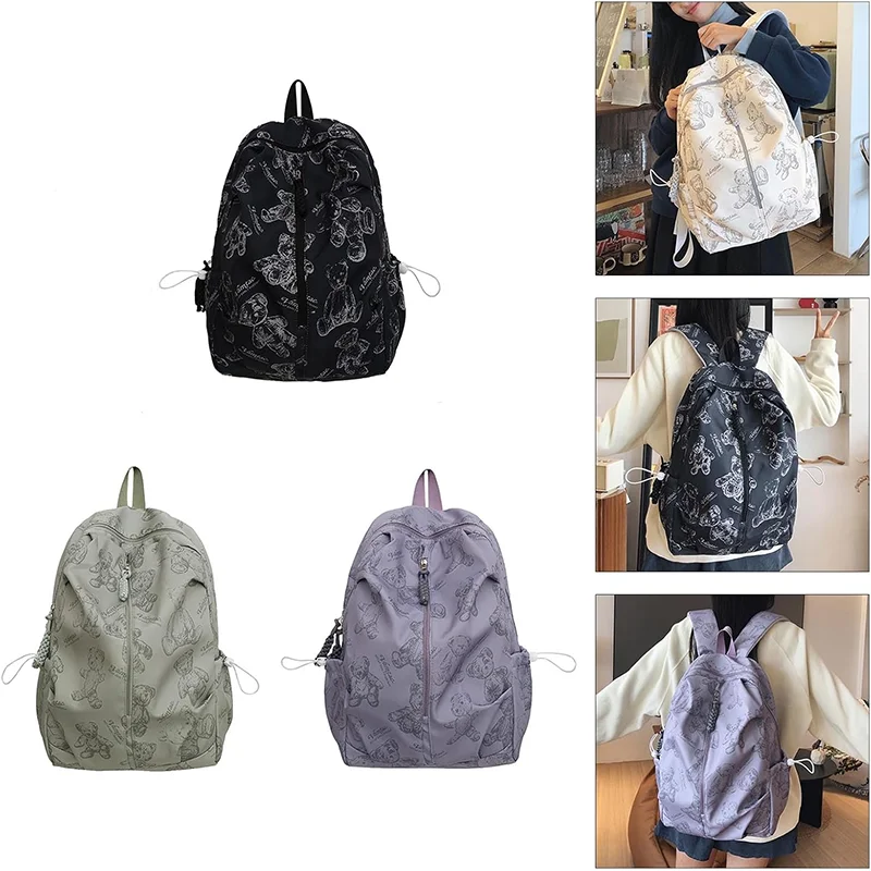 1Pcs Bear Print Nylon Backpack Unisex Student Casual Travel Large Capacity Laptop Bag Daily School Backpack For Adults