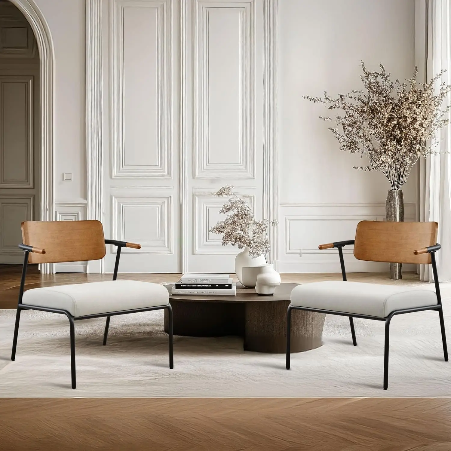 Simple Deluxe Accent Chair Set Of 2, Mid-Century Modern Accent Chair For Living Room, Upholstered Fabric Seat, Short Armrest