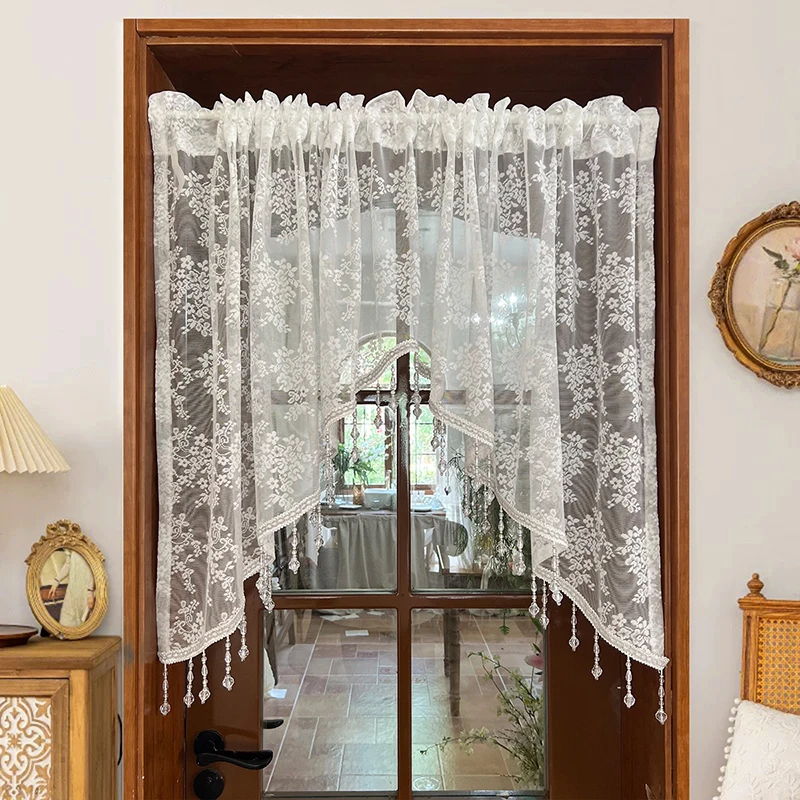 1Piece French Pastoral White Floral Lace Triangular Sheer Curtain with Crystal Bead Pendant For Kitchen Living Bedroom Door