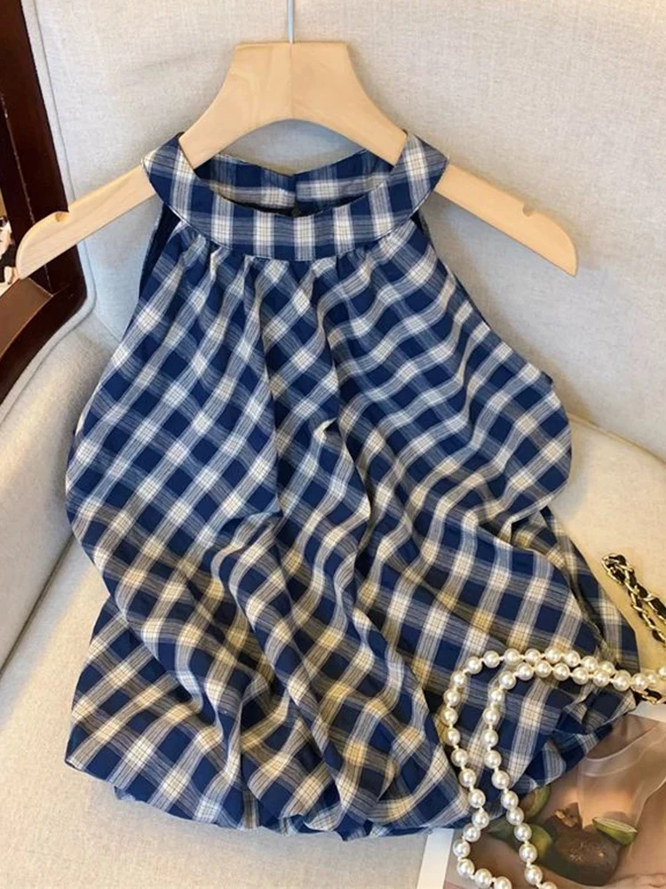 

Jmprs Vintage Plaid Halter Tanks Women Sexy Sleeveless Casual Korean Tanks Casual Retro Summer Female Elegant Design Sweet Tops