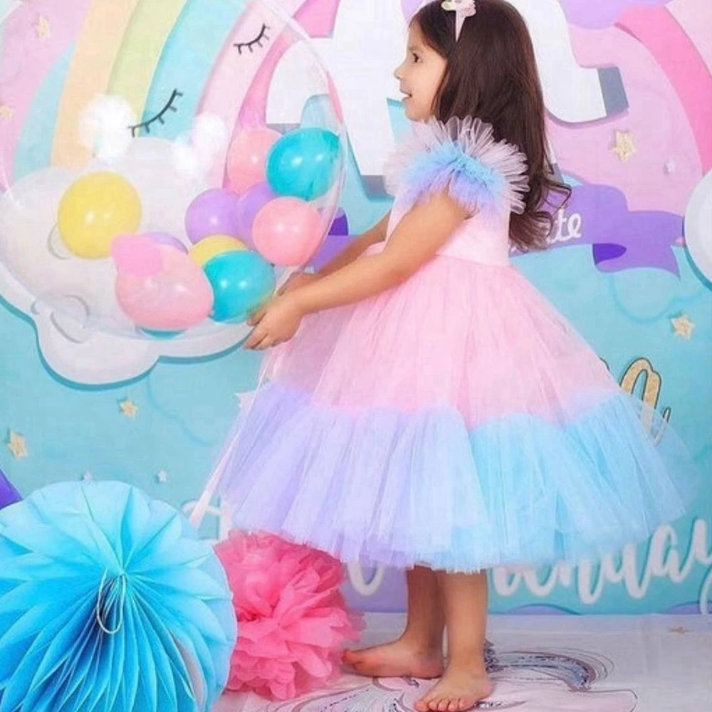 Colorful Tulle Kids Tutu Pageant Dress Sweet Puffy Mesh A Line Flower Girl Dresses Custom Made Fluffy Kids Brithday Gowns