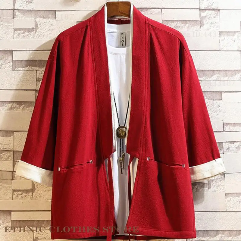 حجم كبير 3XL 4XL 5XL ثوب الكيمونو الياباني سترة الرجال القطن الكتان يوكاتا القمم سترة الرجعية الذكور قميص الشارع الشهير الملابس الآسيوية #3