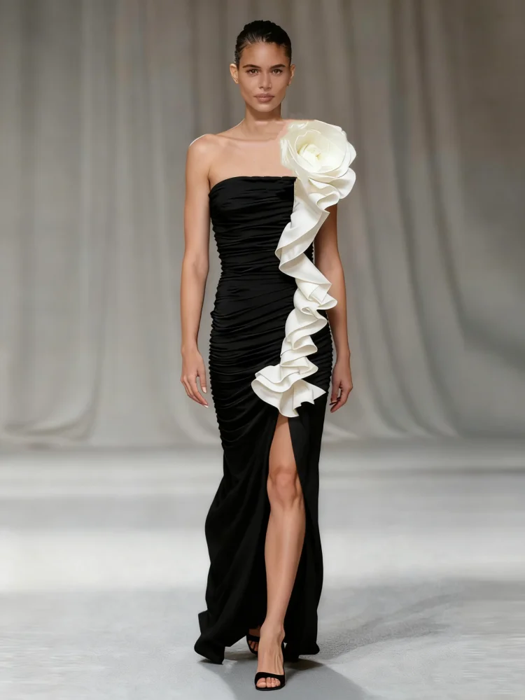 セクシーなワンショルダーフラワーフリルパッチワークロングドレス女性黒ノースリーブ花柄シャーリングスプリットスリムドレスイブニングパーティードレス