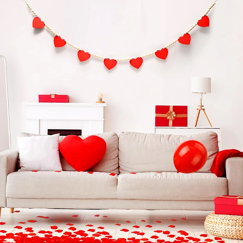 1PC Valentine's Day Hanging Banner Romantic Red Love Heart Banner Garland With Wood Bead Valentine Wedding Birthday Party Decor