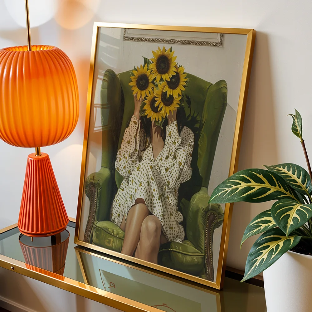 Vintage Abstract Figure With Sunflowers Canvas Wall Decor Picture, 2D Printed Poster Wall Art, Minimal Home Decor Gift For Livin