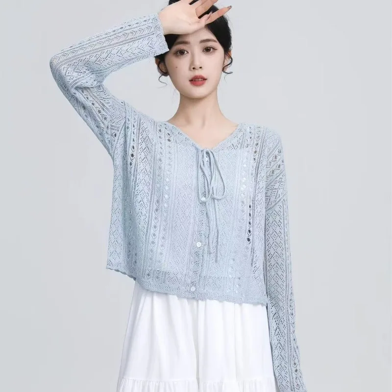 Women Hollow Knit Cardigan V Neck Tie Front Long Sleeve Thin Sun Protection Cropped Cover Up Tops