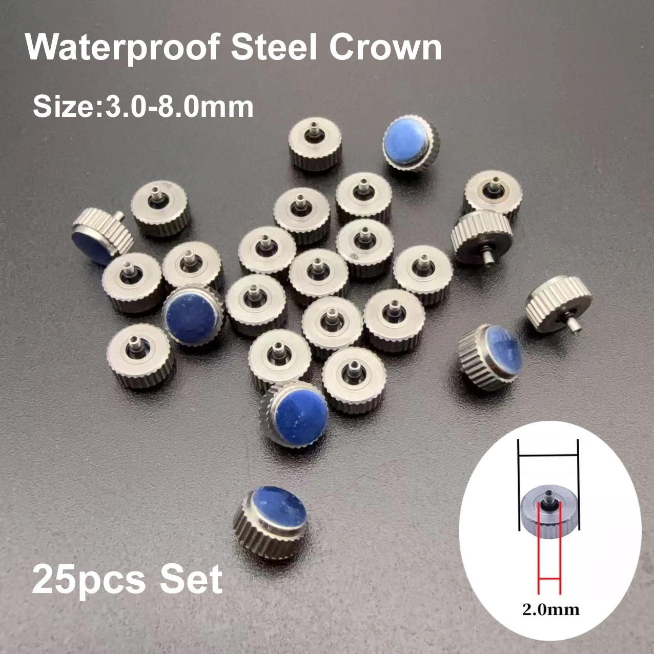 25pcs/lot Silver Color Steel Watch Crown 3.0mm to 8.0mm Head Diameter Hole 2.0mm with Long & Flat Post for Watch Crowns Repair
