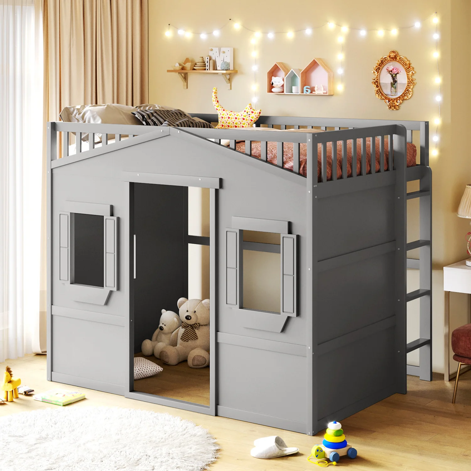 

Full Size House Loft Bed With Ladder-Gray