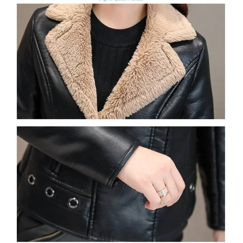 Neue Winter PU Leder Jacke Frauen Kurze Blazer Mantel Fleece doppelseitigen Pelz Leder Oberbekleidung Dame Dünne Anzug Tops jacken