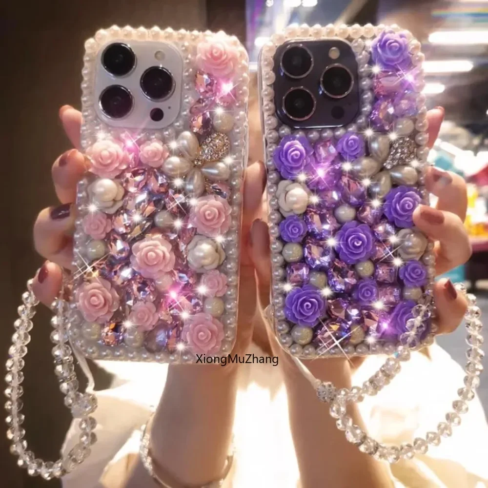 Deluxe Diamant-Perlen-Blumen-Handyhülle Passend für iPhone 18 17 16 15 14 Pro Max 13 12 11 3D-Blumen Transparente Armband-Hülle – Detail 1