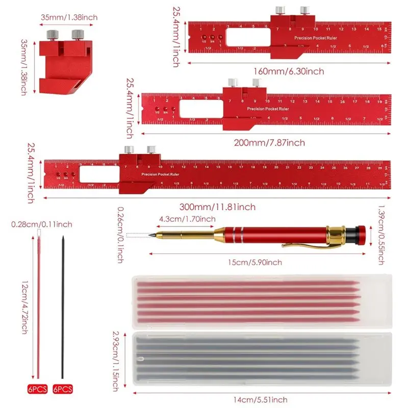 IALJ-Untuk Pekerjaan Pertukangan Kayu 3 Buah Set Penggaris Pertukangan Kayu, Set Penggaris Ukur 6 inci 8 inci 12 inci Dengan Pensil Tukang Kayu Dan Isi Ulang Pensil
