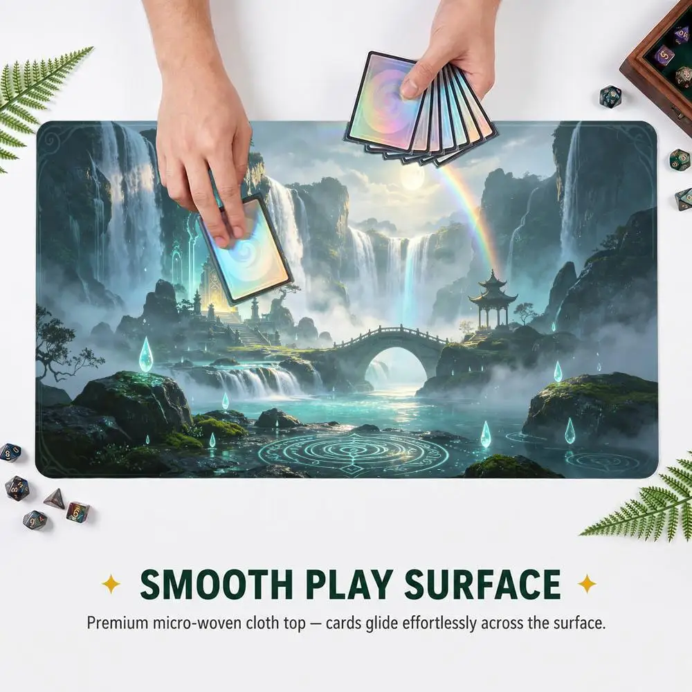 Oriental Fantasy Waterfall Mountain Temple TCG Play mat Volcano Scene Trading Card Game Desk Mat Non‑Slip Rubber Mouse Pad