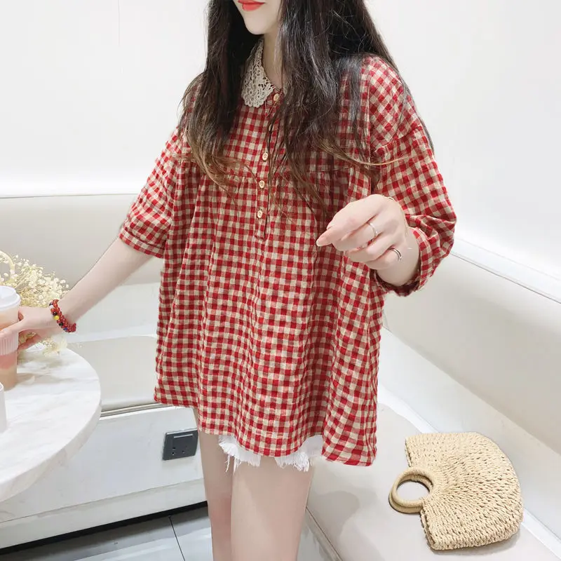 Shirt Top Summer Fashion New Korean Version Plaid Cotton Linen Lace Stitching Doll Collar Blouse Women\'s Short Sleeves Casual