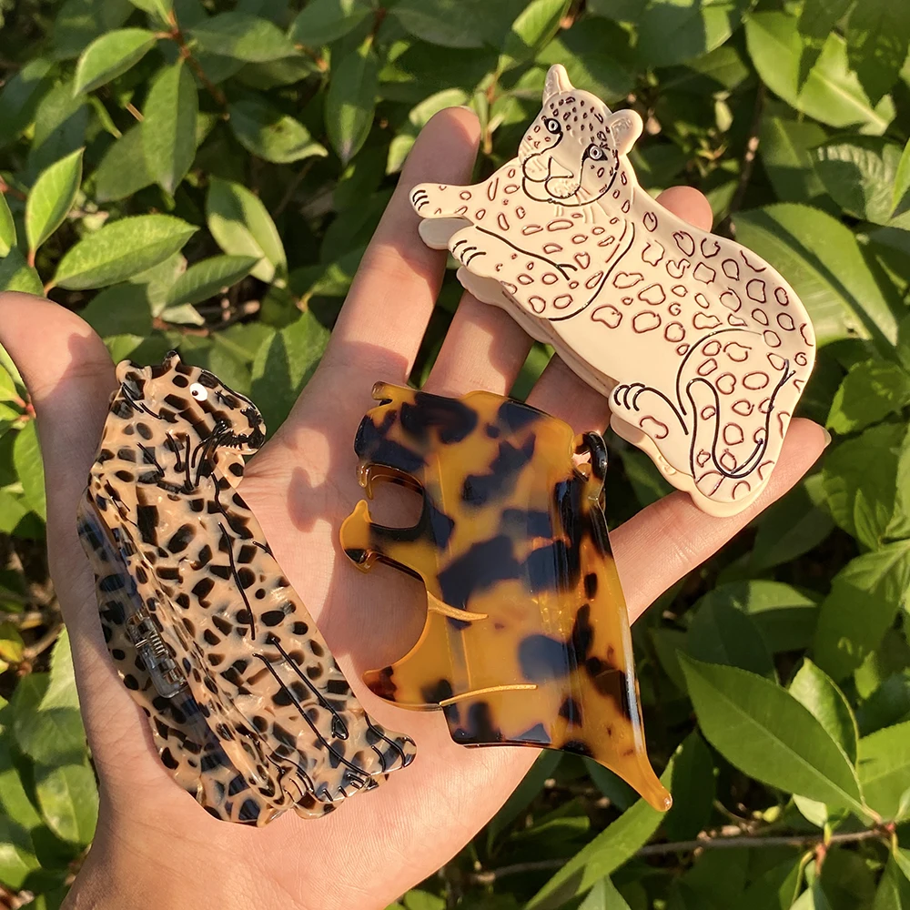 AENSOA Niche Design Leopard Print Tiger Grab Cartoon Hairpin Women Personality Wildlife Acetic Acid Clip Back Of Head Shark Clip