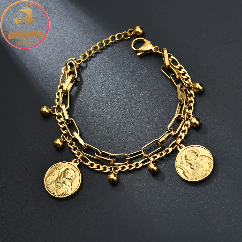 Akizoom Gold-plated Jesus Bracelet Double Chain Heart Round Bead Bangle Stainless Steel Adjustable for Women Religious Gift