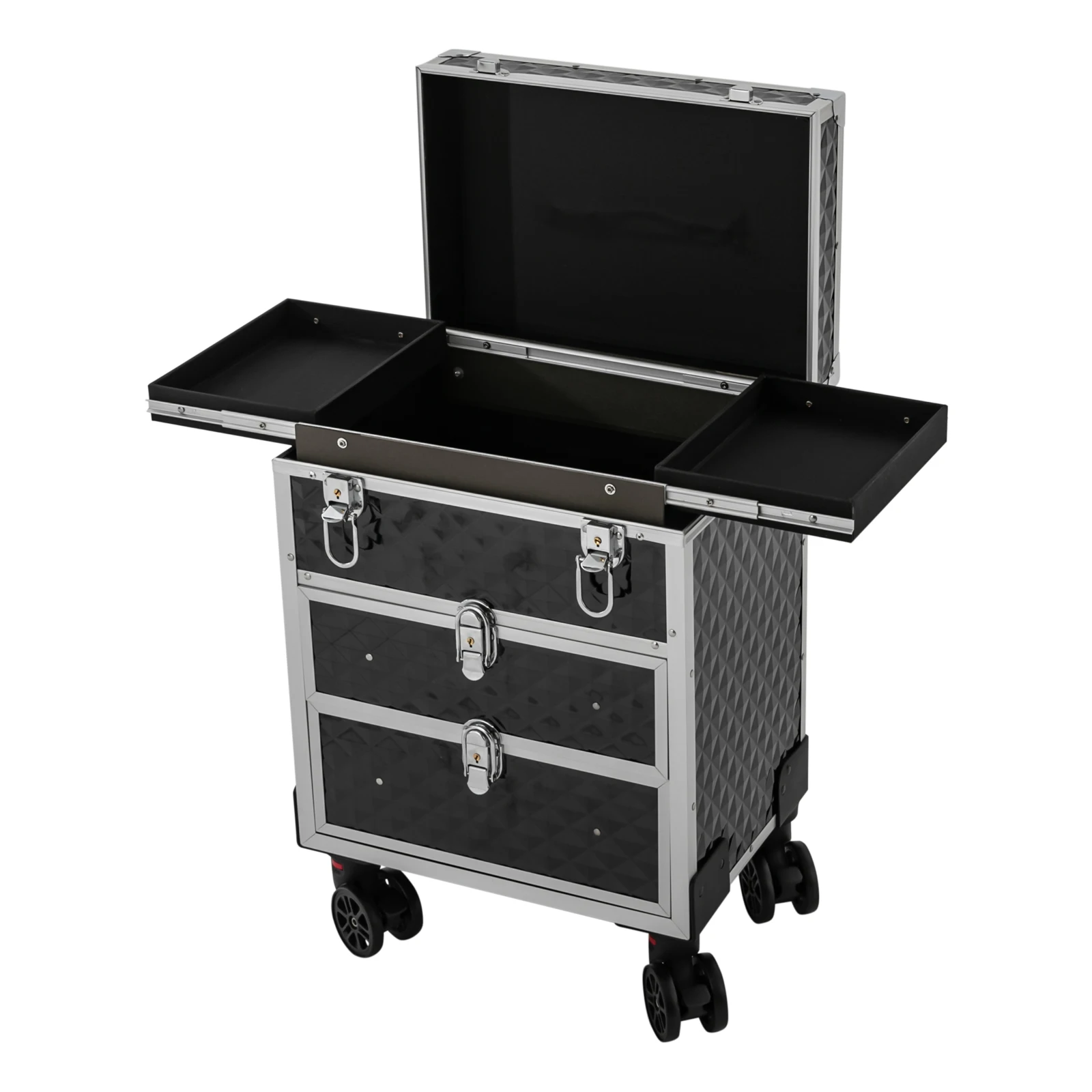 

Rectangular Professional Rolling Makeup Case ABS Aluminum Alloy Iron Plastic Electrophoresis Surface 3 Tier 2 Sliding Drawers 4 Pcs 360 Degree Rotatable Universal Wheels 30kg Max Load Freestanding Cosmetic Storage Organizer Trolley