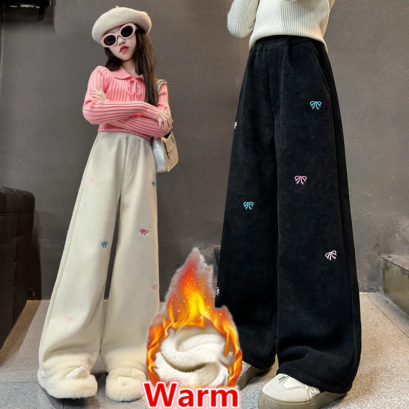 جديد الشتاء الأطفال السراويل الصوف الدافئة للفتيات لينة سروال قصير طويل مدرسة أطفال Sweatpants الحرارية مع القوس سن 5-14 Y