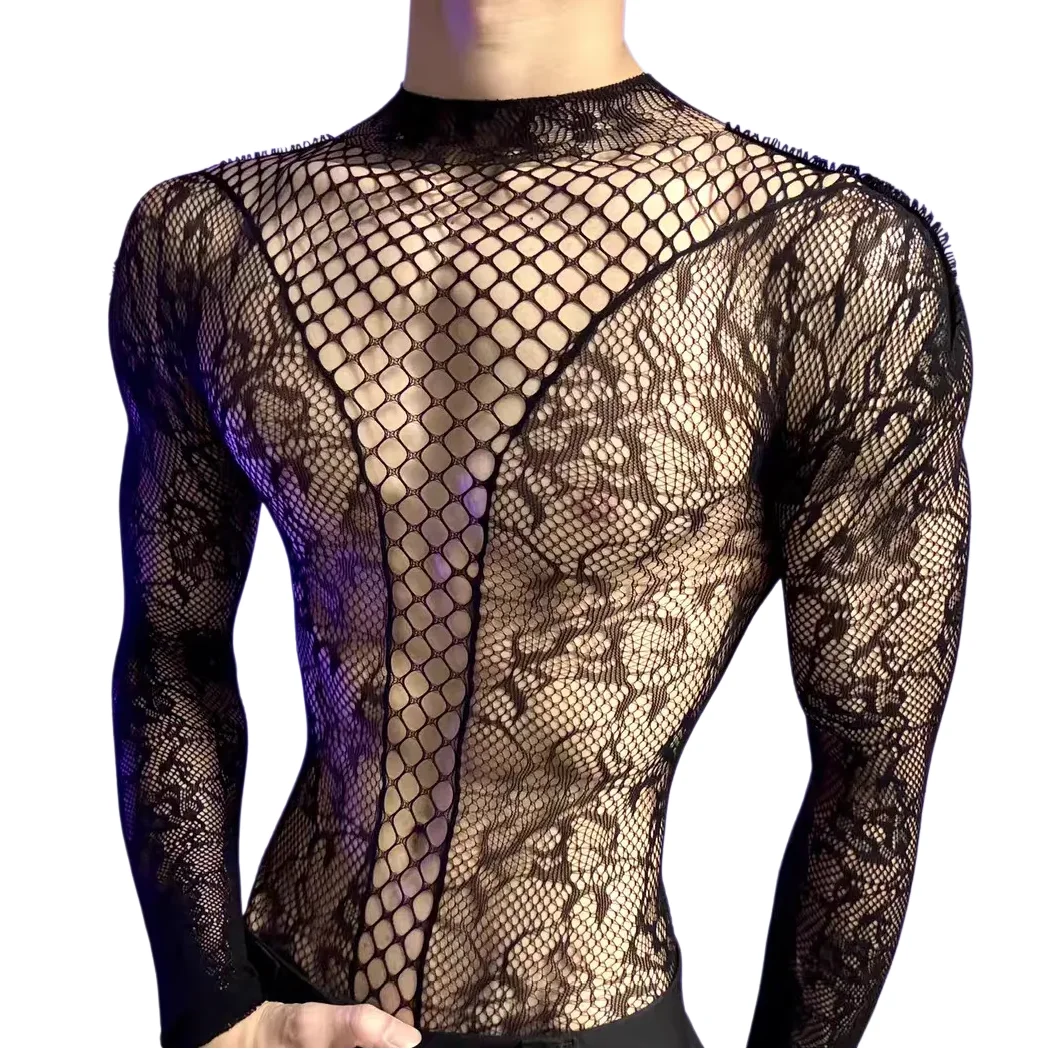 Men's Christmas Bodysuits Male Long Sleeved Uniforms Autumn Winter Underwear Fetish Breathable Gentlemen Mesh Clothes White Red image 5