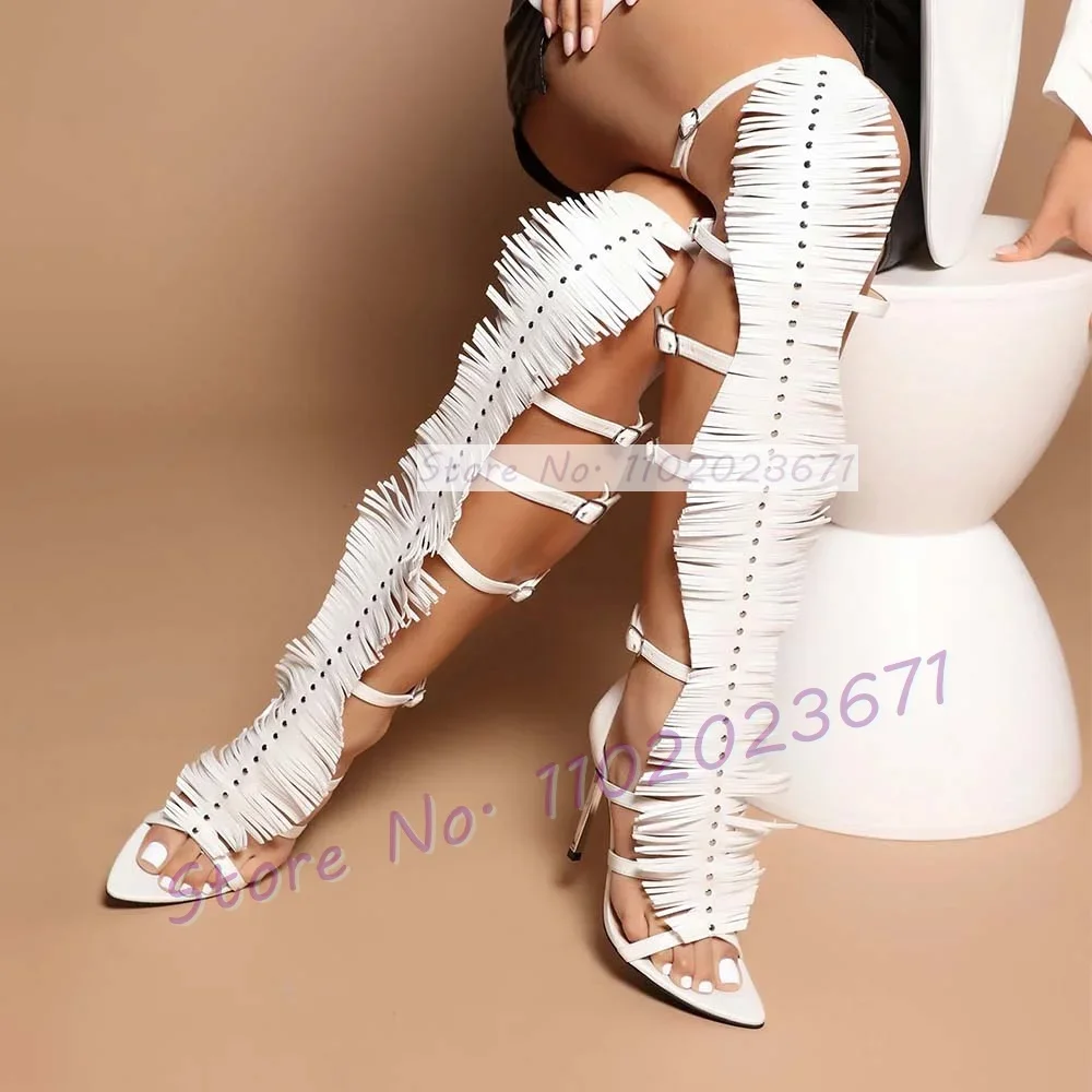 

White Fringes Strappy Long Sandals Women Novelty T-strap Party Gladiator Pointy Toe Sandals Female Classy Chic Back Zipper Shoes