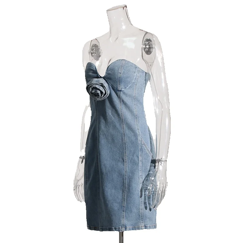 2024 Summer New Spicy Girl StrapleSS Flower Denim Dress With A Slim Waist And Sexy Buttocks Wrapped Skirt For Women