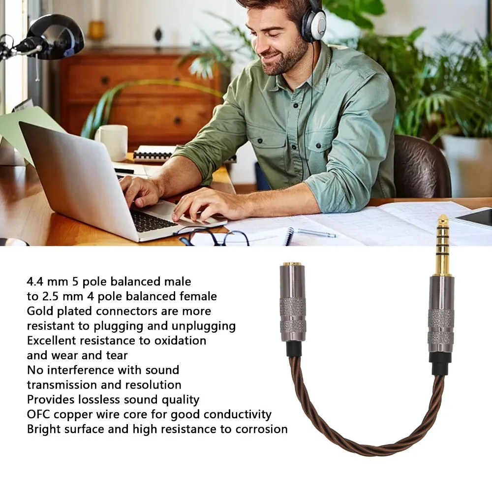 Male to Female 4.4mm to 2.5mm Balanced Cable Gold Plated Plug 4-Strand Stranded Braided Wire for Phones Headphones Speakers