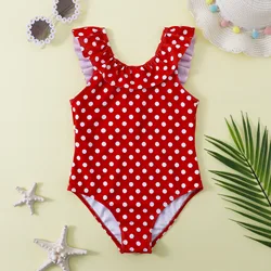 Retro Teenage Girls One Piece Swimsuit 7-12 Years Kids Polka Dot Print Swim Suit Ruffled Swimwear Beachwear Bathing Suits Summer