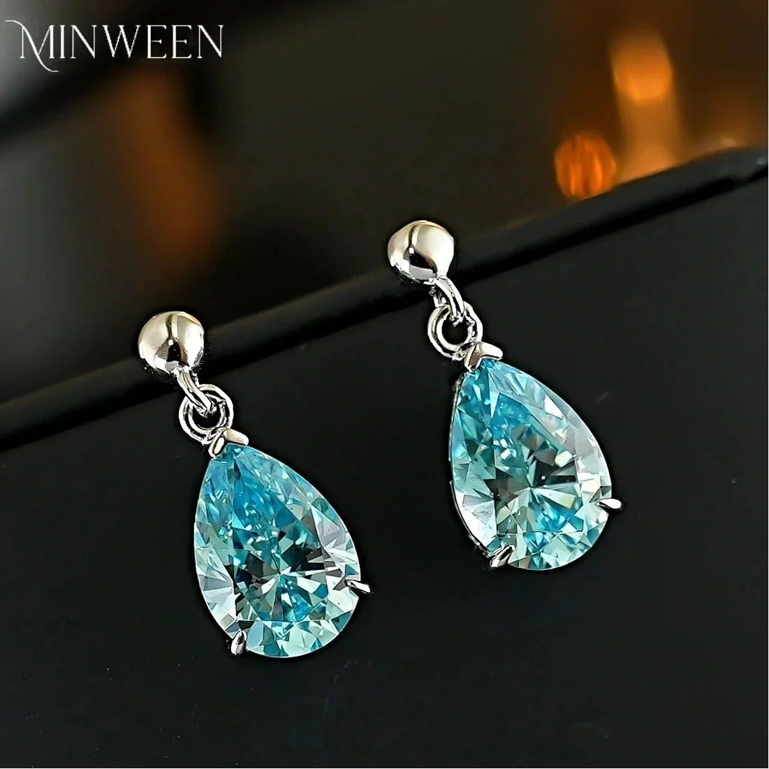 Minween Fashion Lab Aquamarine 7*10mm Stud Earrings with 925 Silver Party Gift Jewelry