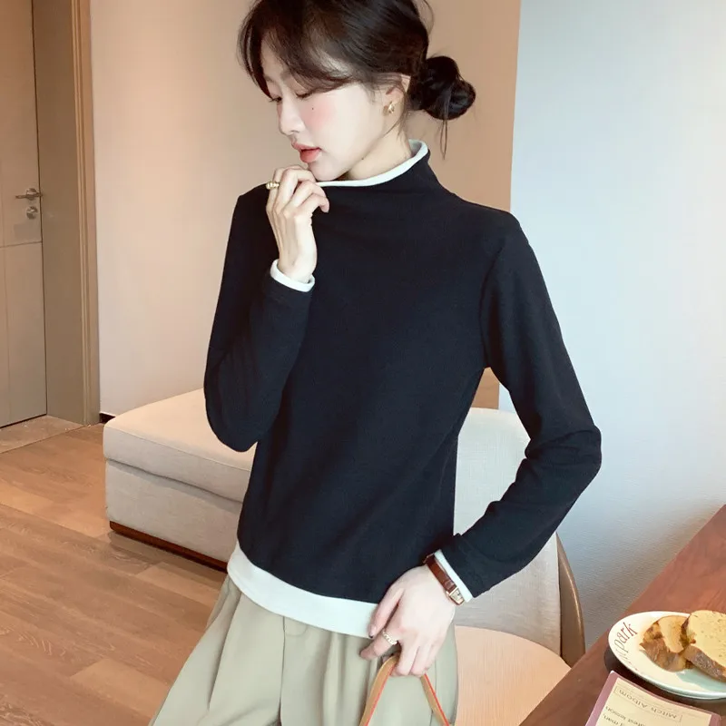 Color Block Fake Two Piece Turtleneck Thermal Top Women Double Sided Fleece Long Sleeve Warm Base Layer Shirt Autumn Winter