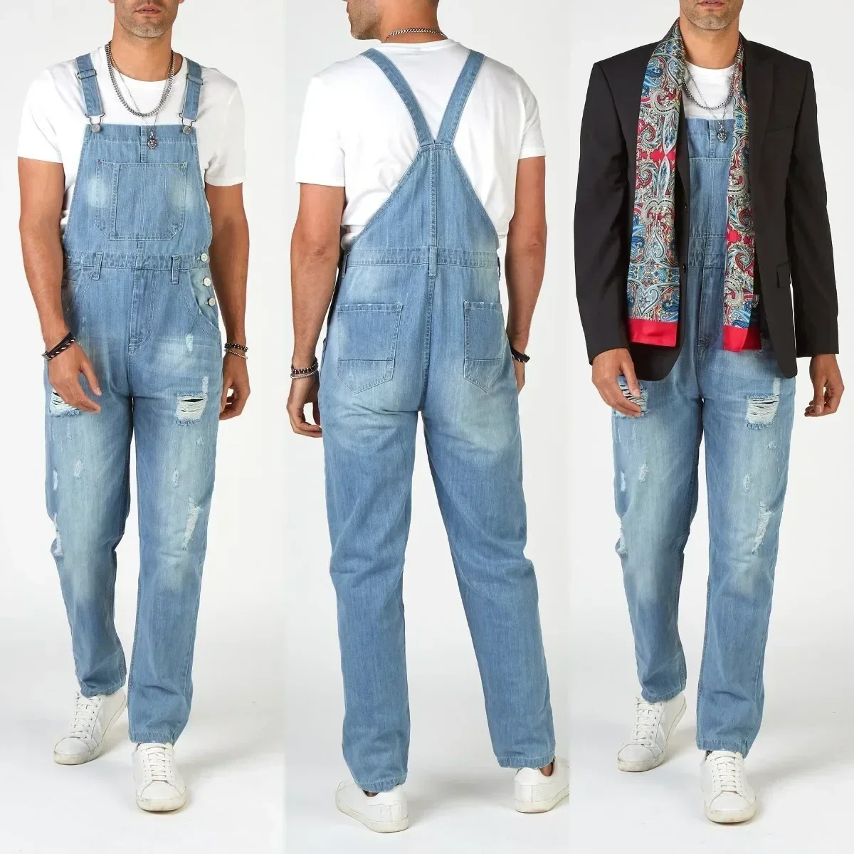 

Overalls Men Jumpsuits Denim Rompers One Piece Straight Jeans Pants Ankle Length High Street Solid Pockets Holes Distressed 2025