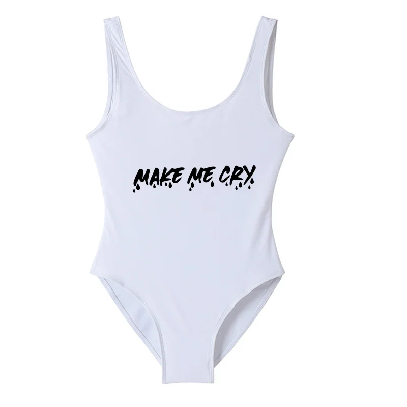 MAKE ME CRY Funny One Piece Summer Swimsuit Women's Sexy Bodysuit Backless Swimwear Mayo Monokini Cute Badpak Bathing Suit