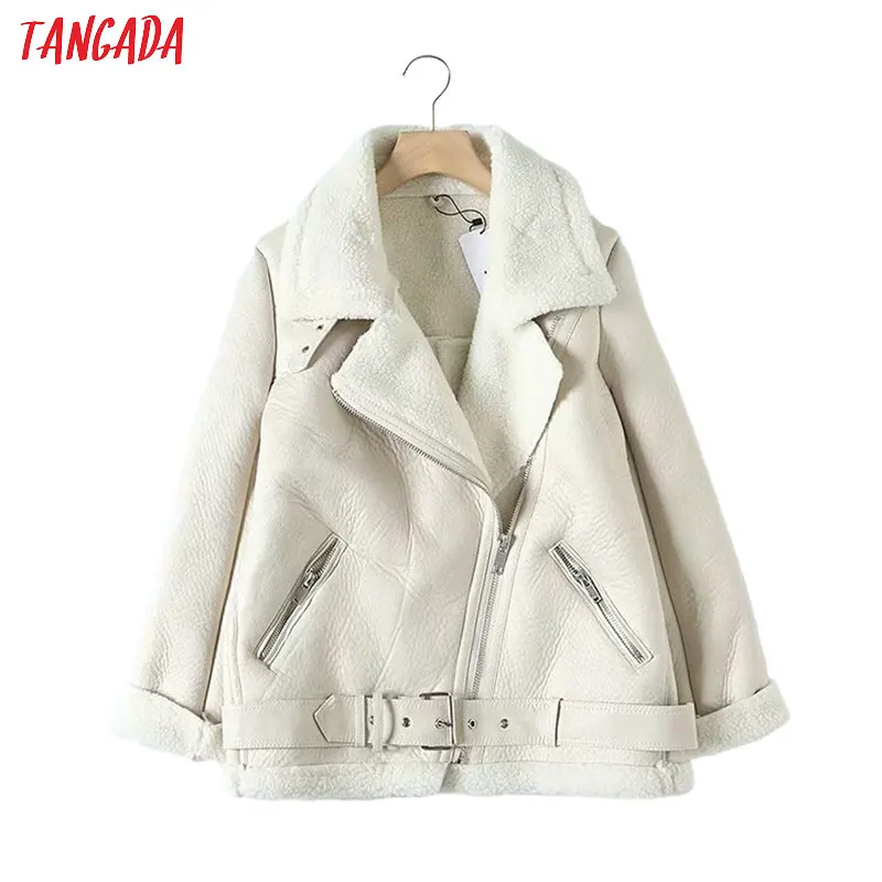 Tangada Women beige fur faux leather jacket coat with belt turn down collar Ladies 2021 Winter Thick Warm Oversized Coat 5B01