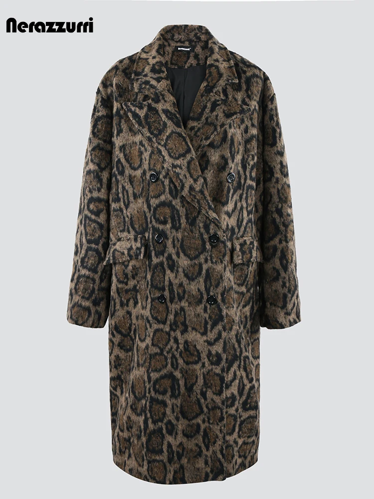 Nerazzurri Autumn Winter Long Loose Casual Leopard Print Woolen Coat Men