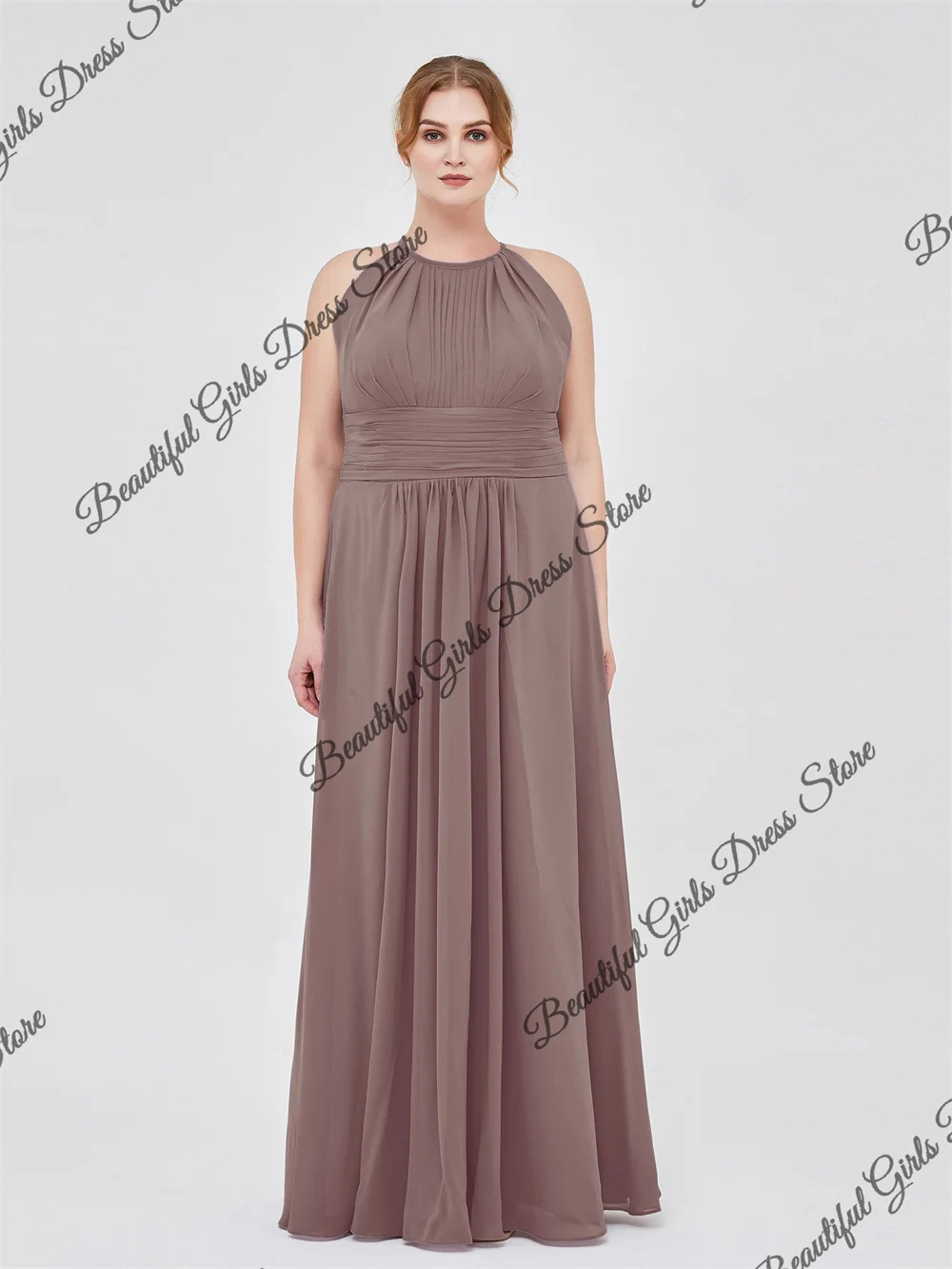 

Chiffon High O-Neck Pleated Corset Prom Dresses Sleeveless Backless Ruched A-line Floor-length Ball Gowns Button Bridesmaid Gown