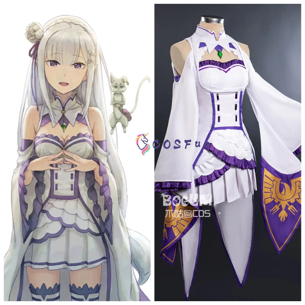 Costume de cosplay Emilia de Re:Zero - Commencer une nouvelle vie dans un autre monde, robe Lolita, perruque pour Halloween, Noël, jeu de rôle pour femmes COSFun