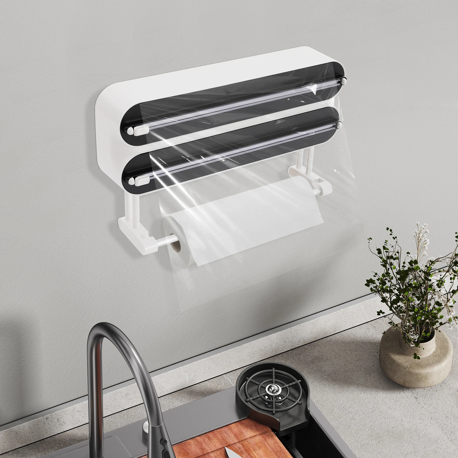 Wandmontierter Frischhaltefolien-Spender mit 2 Haken, 3-in-1 Wandrollenhalter für die Küche, Aluminiumfolien-Spender (ohne Frischhaltefolie) – Detail 6