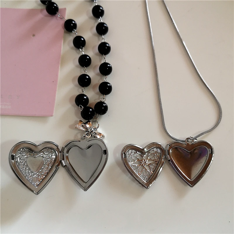 Goth Y2k Ästhetische Herz Medaillon Anhänger Offene Weibliche Silber Farbe Edelstahl Foto Rahmen Charme Halskette Frauen EMO Schmuck – Detail 6