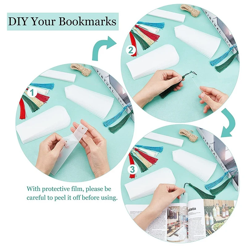 30PCS Clear Bookmarks Blank Bookmark With Colourful Bookmark Pendant For DIY Gifts Tags