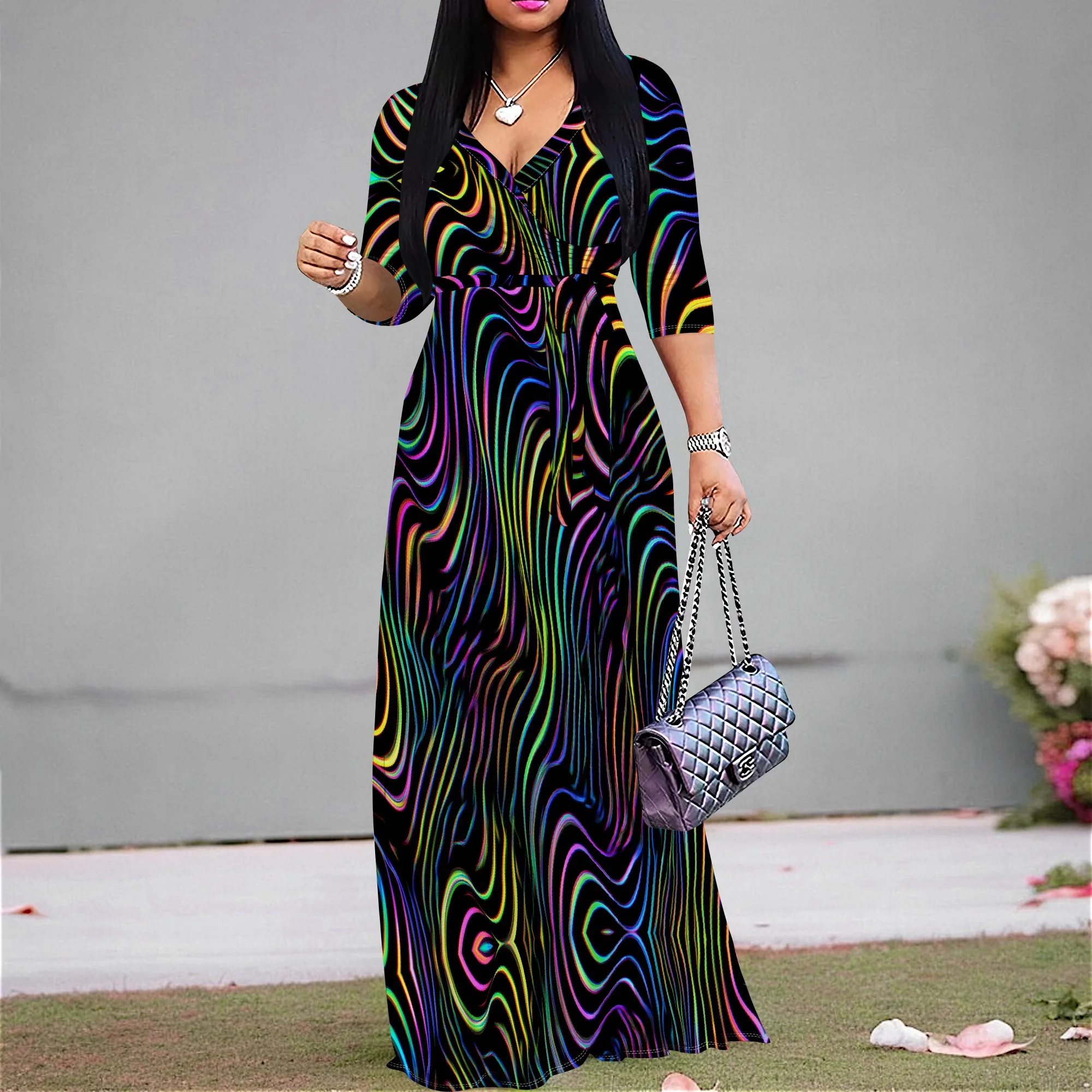 

"Plus Size S-3XL Christmas Party Maxi Dress for Women V Neck Tie Waist Long Sleeve Holiday Festival Sparkle Print Gown"