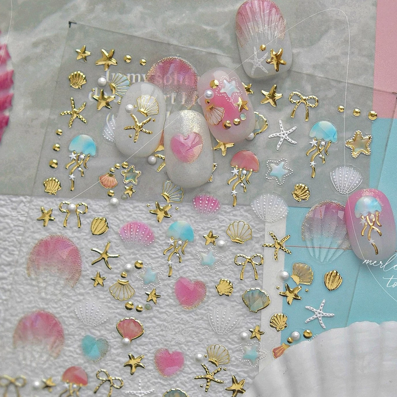 Dizzying Shell Coral Dolphin ปลาดาวหัวใจแมงกะพรุนน้ํา Bubbles Ocean กาวตกแต่งเล็บสติ๊กเกอร์เล็บ Decals