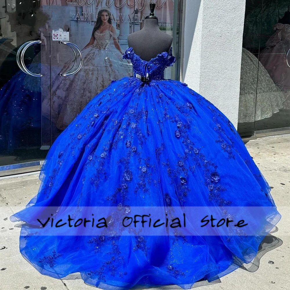 Król niebieskie kwiaty 3D zroszony suknie Quinceanera Off The Shoulder suknia balowa meksykańska słodka szesnaście sukienka suknie ślubne Vestido