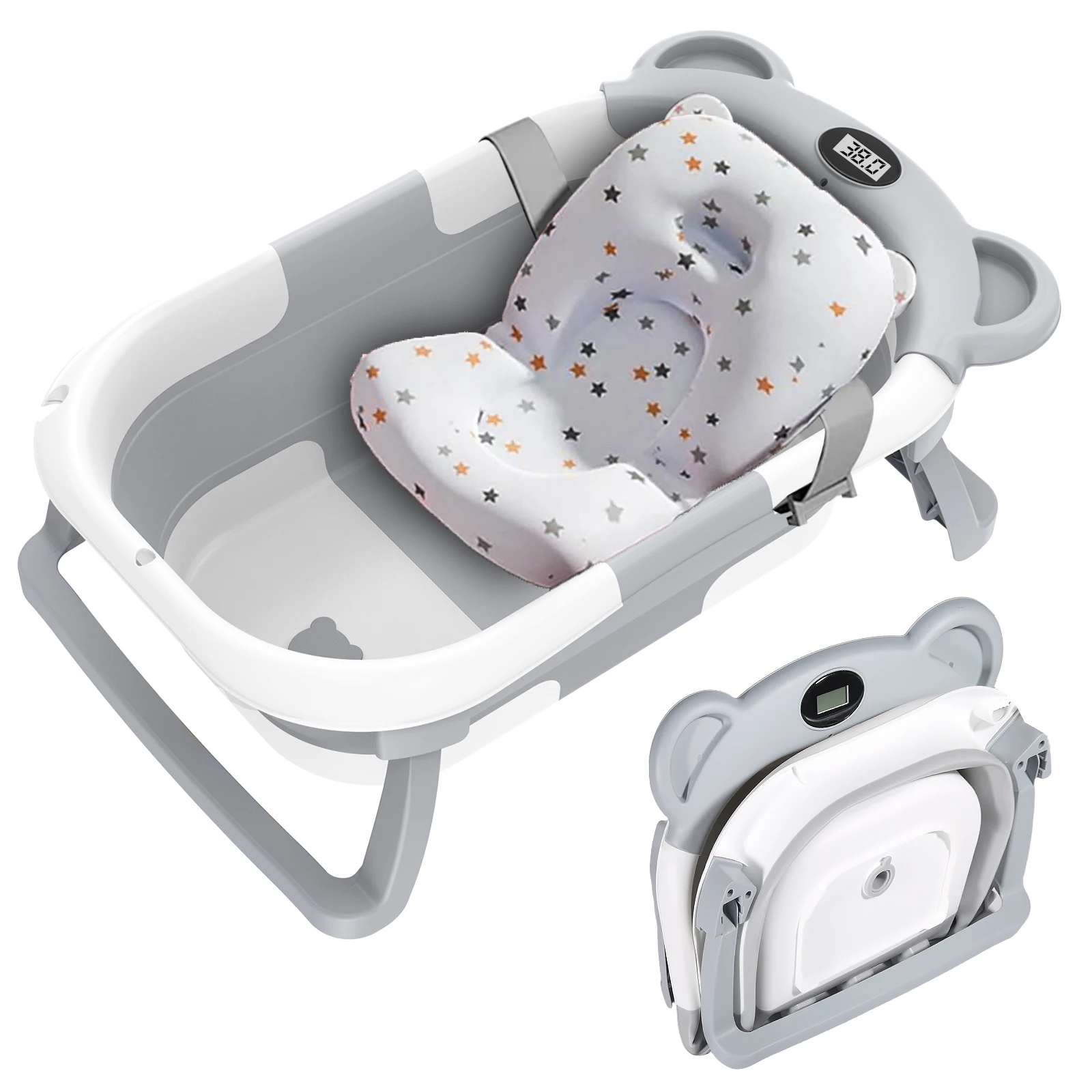 Faltbare Babybadewanne mit Thermometer, weichem Schwimmkissen, Sicherheitsgurt und rutschfester Basis, einfache Entwässerung, Neugeborenen-Duschbadewanne