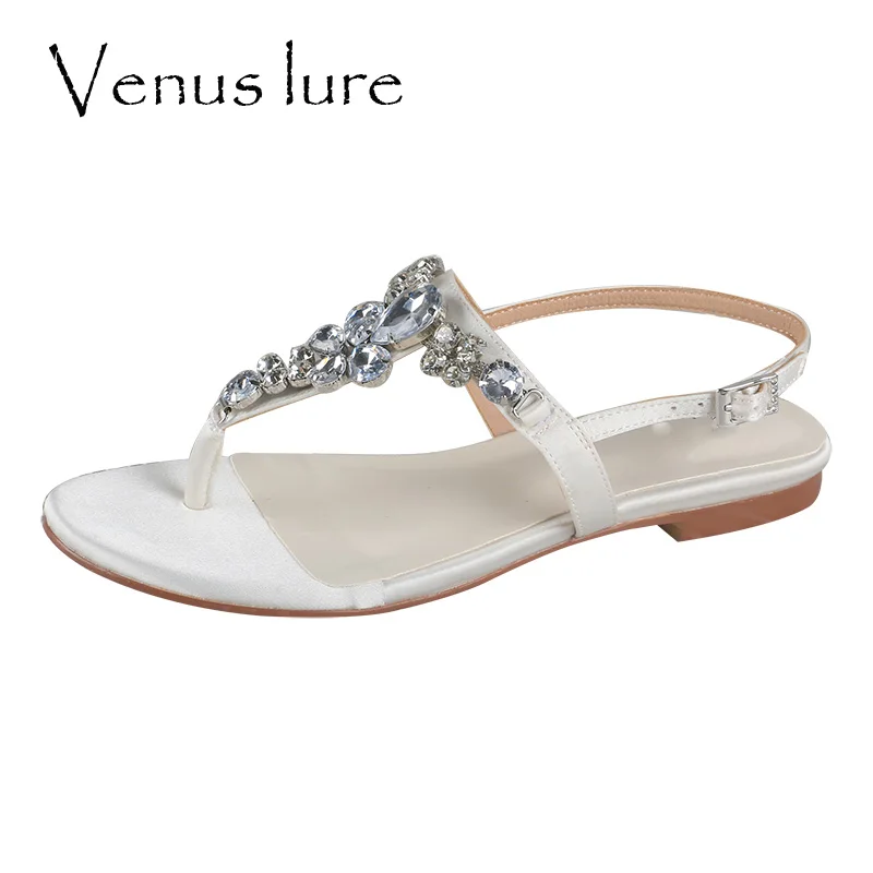 Venus Lure Customized Ivory Fabric Dressy Flat Sandals for Wedding with Jewels Women Bridal Sandals