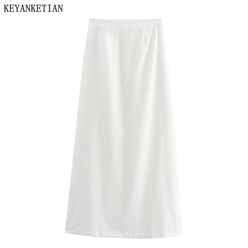 

KEYANKETIAN 2024 New Launch Women's White MIDI Skirt Summer Back Zipper High-waisted Elegant Simply A-line Ankle-length Skirt