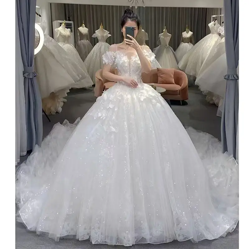 

Customized ZJ4069 Bling Bling Glitter Luxury Wedding Dresses For Women Beaded Sweetheart Lace Up Applique Cathedral Wedding Gown