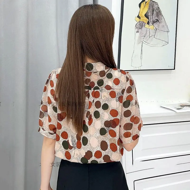 Office Lady Korean Polka Dot Shirt Women\'s Clothing Casual Single-breasted Summer New Turn-down Collar Loose Short Sleeve Blouse