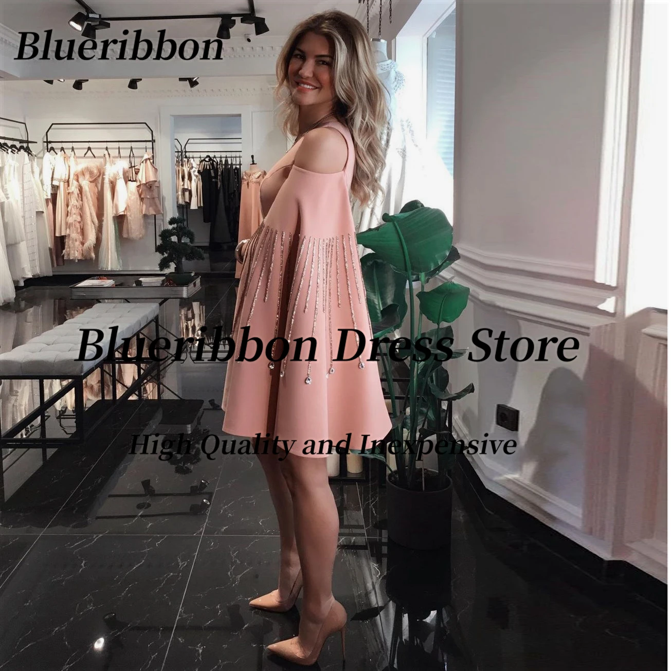 Blueribbon Vestidos De Festas V Neck Beading Flutter Sleeves Short Prom Dresses Zipper Back Mini Cocktail Party Gowns