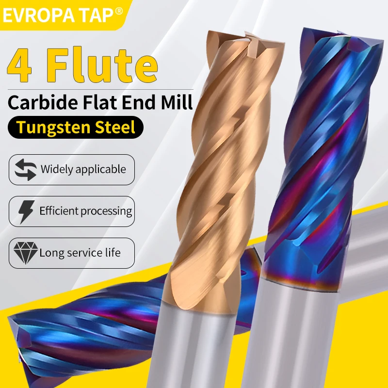 EVROPA CNC Solid Carbide Flat End Mill - 4 Flute Tungsten Steel Cutter for Metal Machining, HRC55/58/65/70, 4-12mm Shank