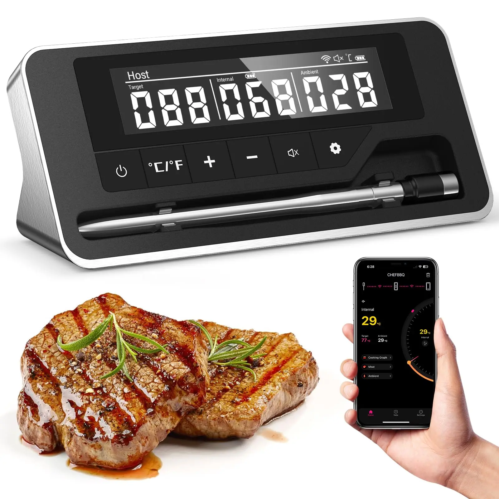 

Беспроводной термометр для мяса с Bluetooth, цифровой кухонный термометр, перезаряжаемый, с мобильным приложением и функцией сигнализации для духовки, гриля и барбекю