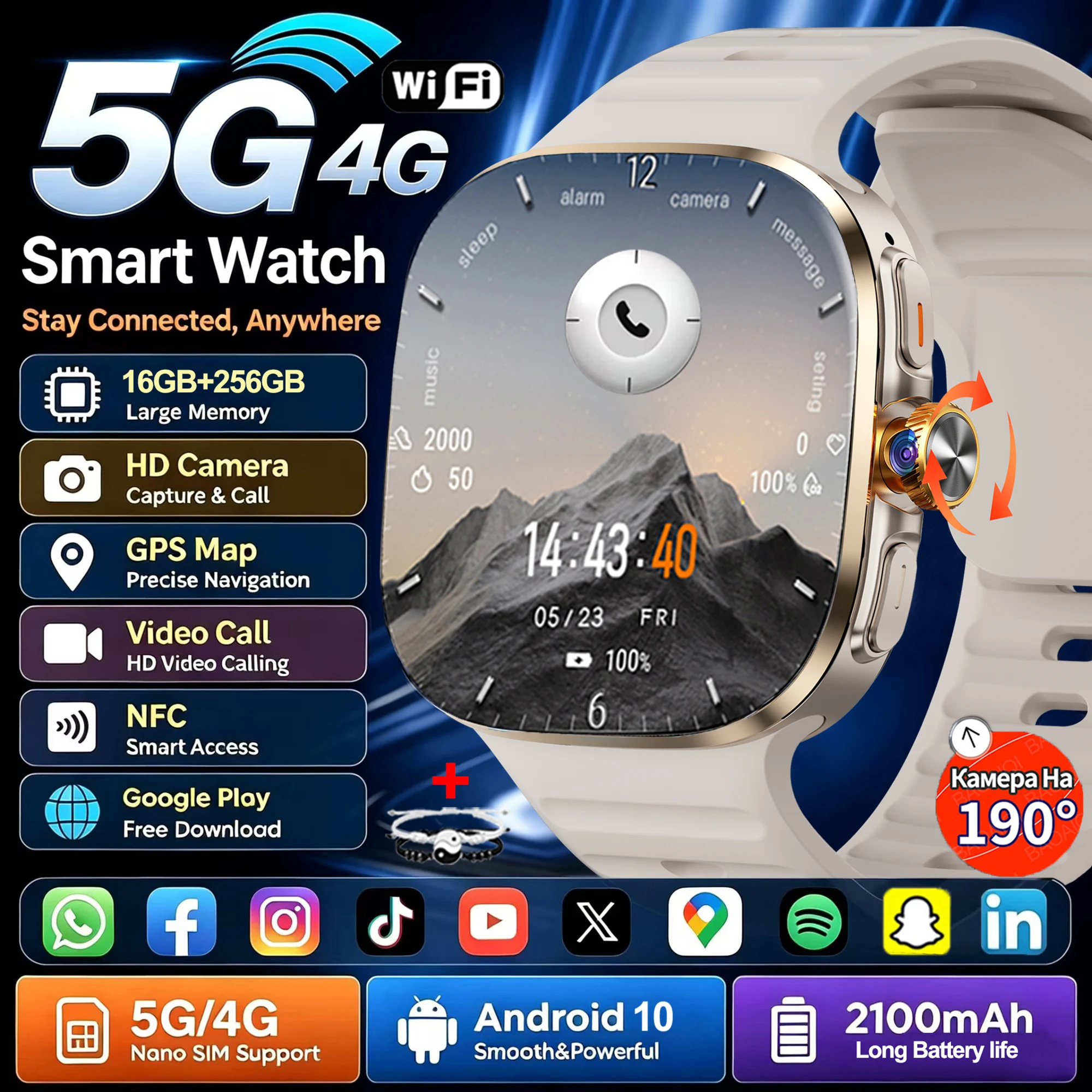 5G/4G Full Network Smart Watch 720*720 AMOLED 2.40 Screen 900W Video Call 2100mAh 16GB+256GB RAM Google Play WIFI GPS Smartwatch
